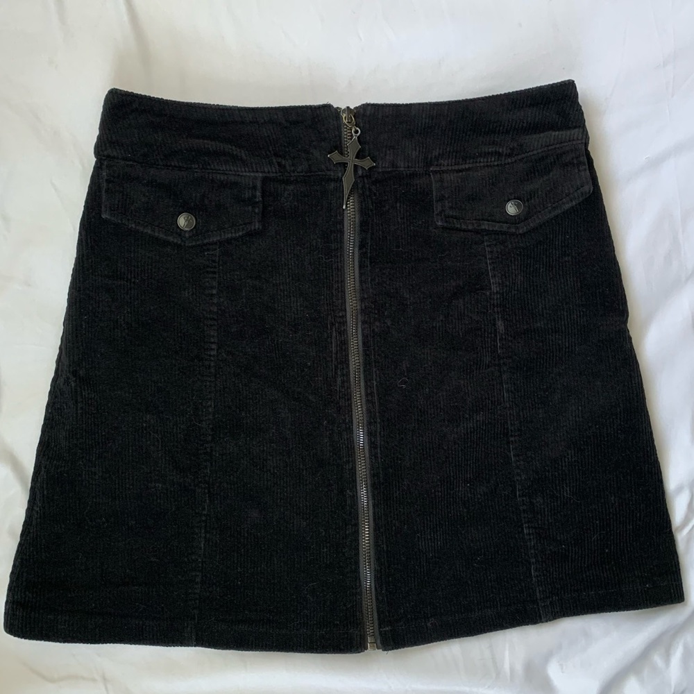 Killstar Cross Corduroy Aline Goth Mini Skirt Cross Zip & Buttons